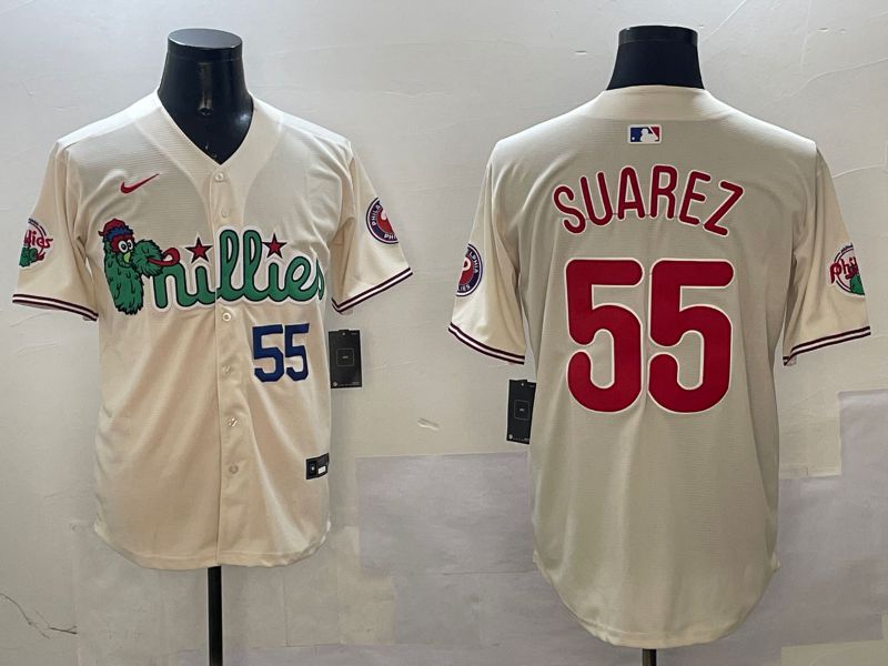 Men Philadelphia Phillies #55 Suarez Cream Three generations Joint Name Game 2025 Nike MLB Jersey style 2->philadelphia phillies->MLB Jersey